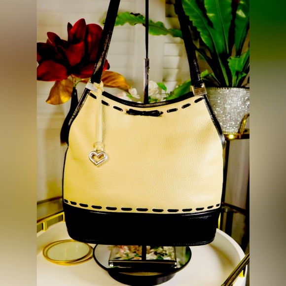 Brighton Handbags - Brighton Beige Pebble Leather with Black Trim Shoulder Bag
